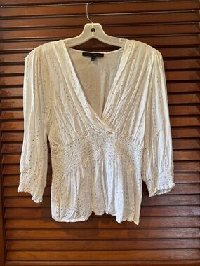 Cream Smocked V-Neck Peasant Blouse
